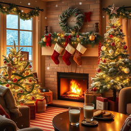 A cozy living room decorated for Christmas with a beautifully adorned Christmas tree, twinkling fairy lights, colorful ornaments, and a star on top