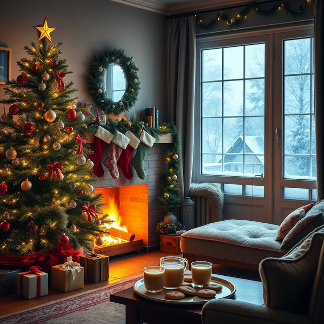 A cozy living room decorated for Christmas with a beautifully adorned Christmas tree, twinkling fairy lights, colorful ornaments, and a star on top