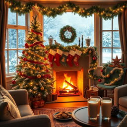 A cozy living room decorated for Christmas with a beautifully adorned Christmas tree, twinkling fairy lights, colorful ornaments, and a star on top