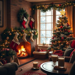 A cozy living room decorated for Christmas with a beautifully adorned Christmas tree, twinkling fairy lights, colorful ornaments, and a star on top