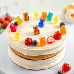 A delightful cream cake decorated with gummy bears, showcasing a smooth, creamy surface with various colorful gummy bears artfully placed on top