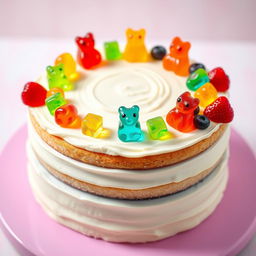 A delightful cream cake decorated with gummy bears, showcasing a smooth, creamy surface with various colorful gummy bears artfully placed on top