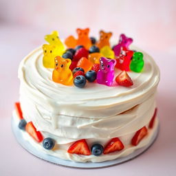A delightful cream cake decorated with gummy bears, showcasing a smooth, creamy surface with various colorful gummy bears artfully placed on top
