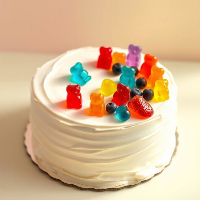 A delightful cream cake decorated with gummy bears, showcasing a smooth, creamy surface with various colorful gummy bears artfully placed on top