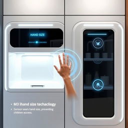 A futuristic cabinet design featuring hand size detection technology, equipped with sensors capable of measuring hand size, preventing children's access