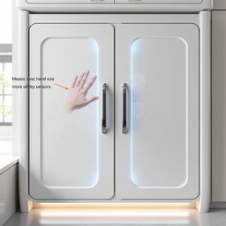 A futuristic cabinet design featuring hand size detection technology, equipped with sensors capable of measuring hand size, preventing children's access