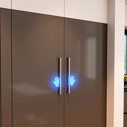 A modern kitchen cabinet equipped with hand size detection sensors, designed specifically to prevent being opened by children's hands