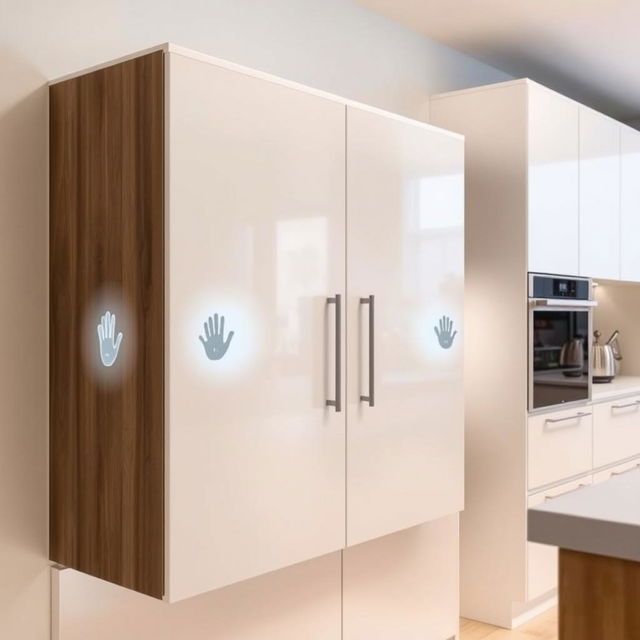 A modern kitchen cabinet equipped with hand size detection sensors, designed specifically to prevent being opened by children's hands