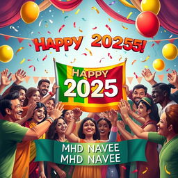 A joyful and festive scene showcasing people from all nations joining hands in celebration of the year 2025