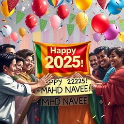 A joyful and festive scene showcasing people from all nations joining hands in celebration of the year 2025