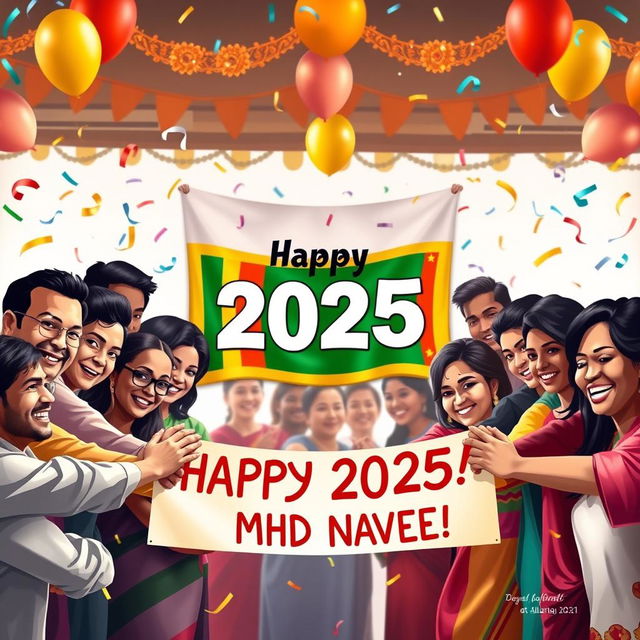 A joyful and festive scene showcasing people from all nations joining hands in celebration of the year 2025