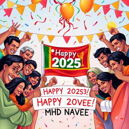 A joyful and festive scene showcasing people from all nations joining hands in celebration of the year 2025