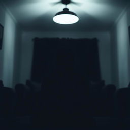 A shadowy figure sitting alone in a dimly lit room, emphasizing the contours of their silhouette against the soft glow of an overhead light