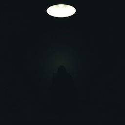 A shadowy figure sitting alone in a dimly lit room, emphasizing the contours of their silhouette against the soft glow of an overhead light