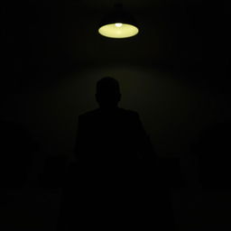 A shadowy figure sitting alone in a dimly lit room, emphasizing the contours of their silhouette against the soft glow of an overhead light
