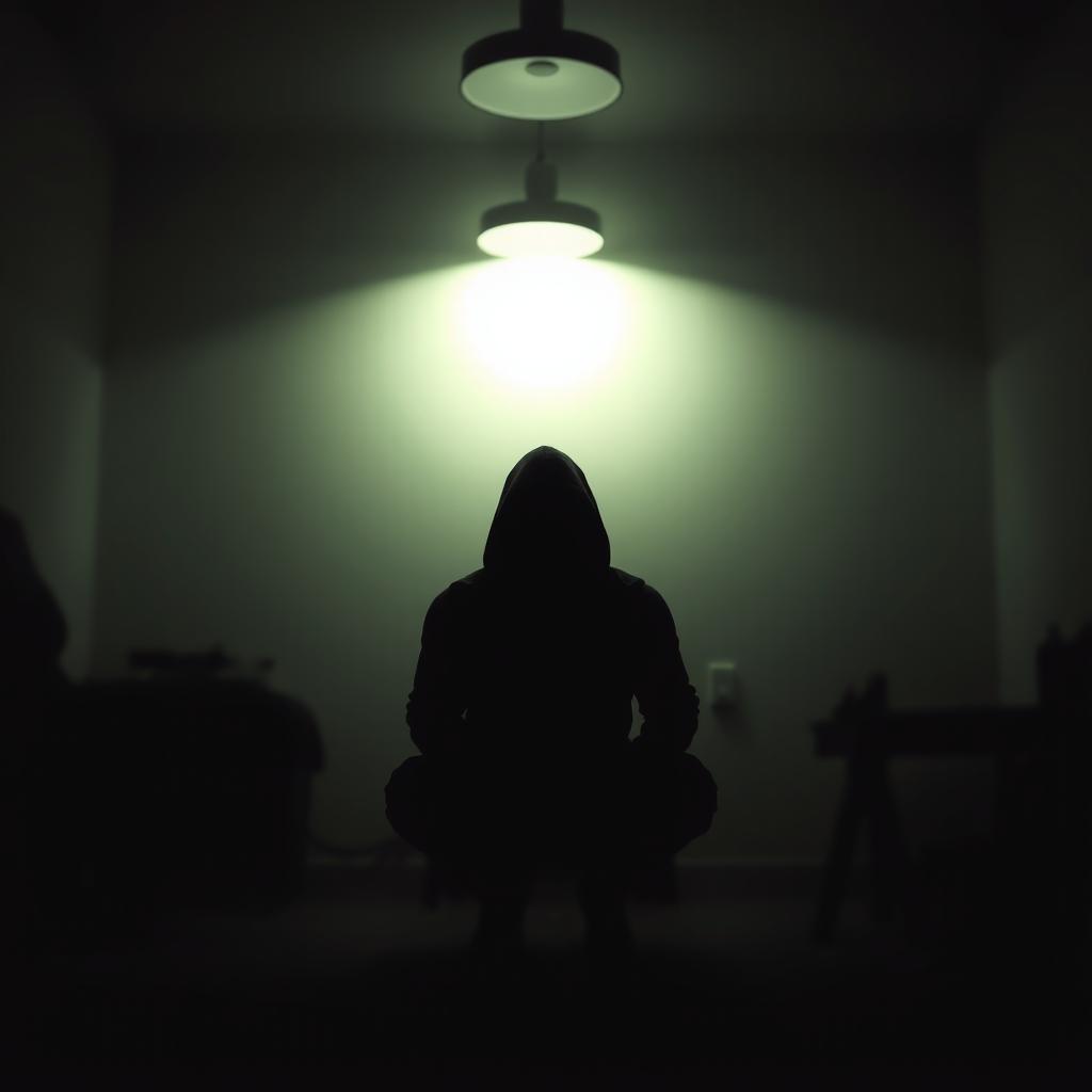 A shadowy figure sitting alone in a dimly lit room, emphasizing the contours of their silhouette against the soft glow of an overhead light