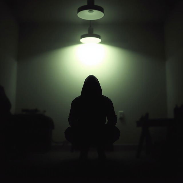 A shadowy figure sitting alone in a dimly lit room, emphasizing the contours of their silhouette against the soft glow of an overhead light