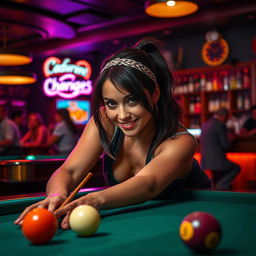 A captivating scene of a confident brunette woman playing pool in a stylish, dimly-lit bar