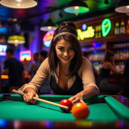 A captivating scene of a confident brunette woman playing pool in a stylish, dimly-lit bar