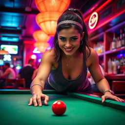 A captivating scene of a confident brunette woman playing pool in a stylish, dimly-lit bar