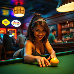 A captivating scene of a confident brunette woman playing pool in a stylish, dimly-lit bar