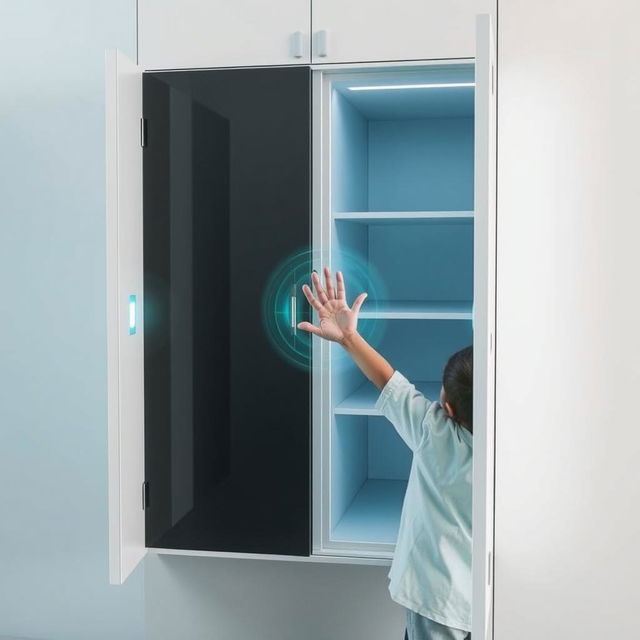 A modern cabinet equipped with size-detection technology, featuring sensors that measure the size of a person's palm