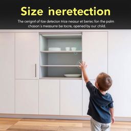 A modern cabinet equipped with size-detection technology, featuring sensors that measure the size of a person's palm