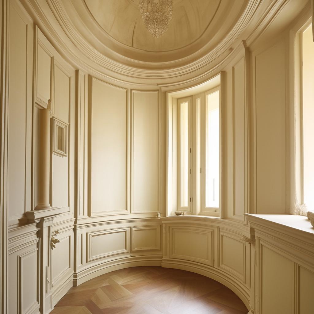 Generate a neoclassical style room with short, uniquely shaped walls and a single, small window.