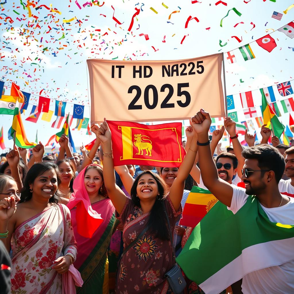 A vibrant global celebration in 2025 where people from all nations are joining hands in unity