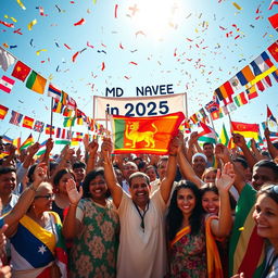 A vibrant global celebration in 2025 where people from all nations are joining hands in unity