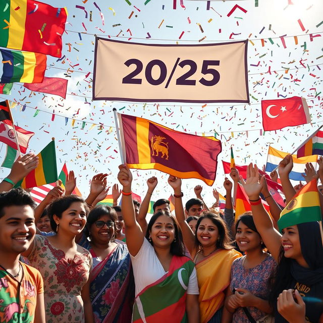 A vibrant global celebration in 2025 where people from all nations are joining hands in unity