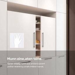 A modern kitchen cabinet equipped with hand size detection technology, featuring sensors that recognize adult hand sizes and prevent opening by small children's hands