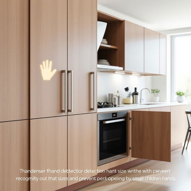 A modern kitchen cabinet equipped with hand size detection technology, featuring sensors that recognize adult hand sizes and prevent opening by small children's hands