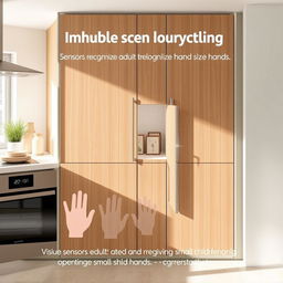 A modern kitchen cabinet equipped with hand size detection technology, featuring sensors that recognize adult hand sizes and prevent opening by small children's hands