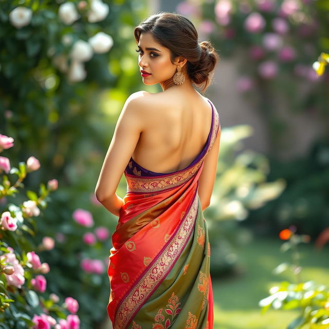 A stunning, elegant woman wearing a beautifully draped backless saree that showcases intricate embroidery and vibrant colors