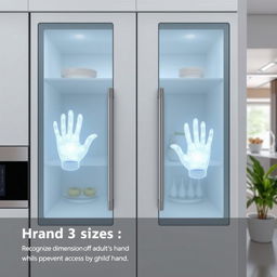 A modern cabinet designed with hand size detection capability, featuring sensors that recognize the dimensions of an adult's hand while preventing access by a child's hand