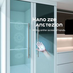 A modern cabinet designed with hand size detection capability, featuring sensors that recognize the dimensions of an adult's hand while preventing access by a child's hand