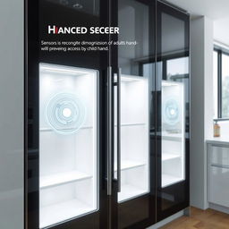 A modern cabinet designed with hand size detection capability, featuring sensors that recognize the dimensions of an adult's hand while preventing access by a child's hand