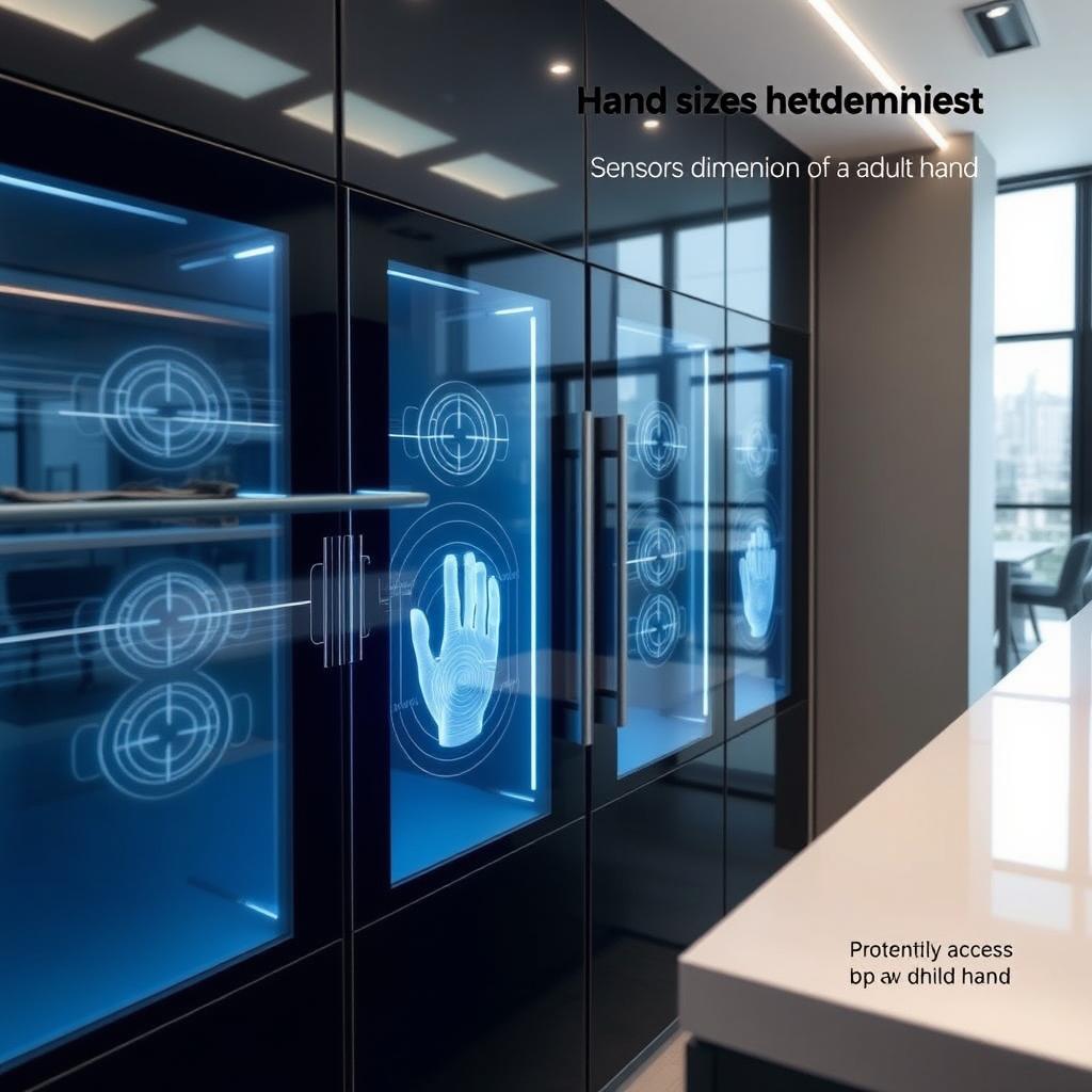 A modern cabinet designed with hand size detection capability, featuring sensors that recognize the dimensions of an adult's hand while preventing access by a child's hand