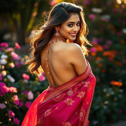 A beautiful Indian woman elegantly draped in a stunning backless saree, showcasing intricate embroidery and vibrant colors