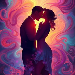 A vibrant, artistic representation of a passionate embrace between a couple in a surreal setting, surrounded by swirling colors and dreamlike patterns