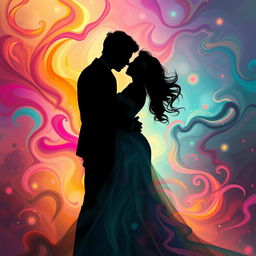 A vibrant, artistic representation of a passionate embrace between a couple in a surreal setting, surrounded by swirling colors and dreamlike patterns