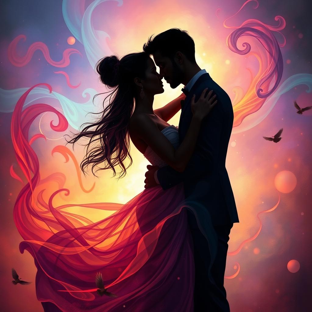 A vibrant, artistic representation of a passionate embrace between a couple in a surreal setting, surrounded by swirling colors and dreamlike patterns