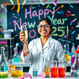 A celebratory scene depicting a joyful microbiologist in a laboratory filled with colorful petri dishes, test tubes, and scientific equipment