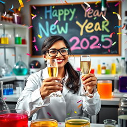 A celebratory scene depicting a joyful microbiologist in a laboratory filled with colorful petri dishes, test tubes, and scientific equipment