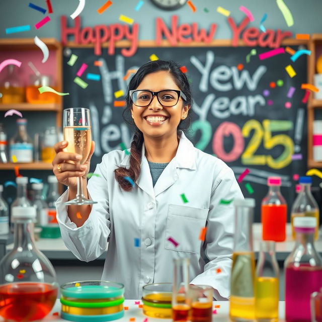 A celebratory scene depicting a joyful microbiologist in a laboratory filled with colorful petri dishes, test tubes, and scientific equipment