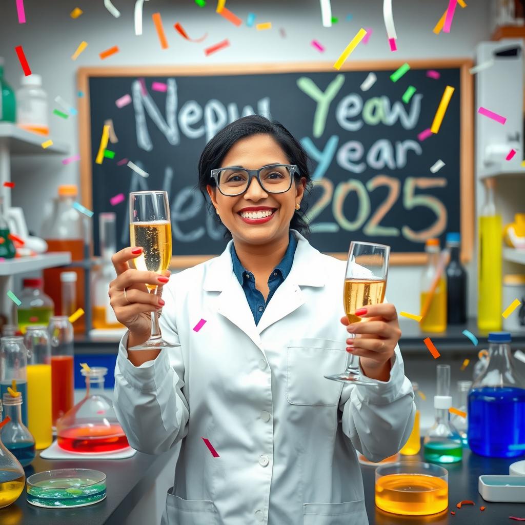 A celebratory scene depicting a joyful microbiologist in a laboratory filled with colorful petri dishes, test tubes, and scientific equipment