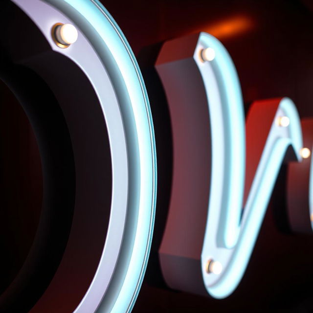 A close-up of a large, illuminated letter sign in a stylish, modern font, showcasing the letter 'W' in vibrant neon colors against a dark background