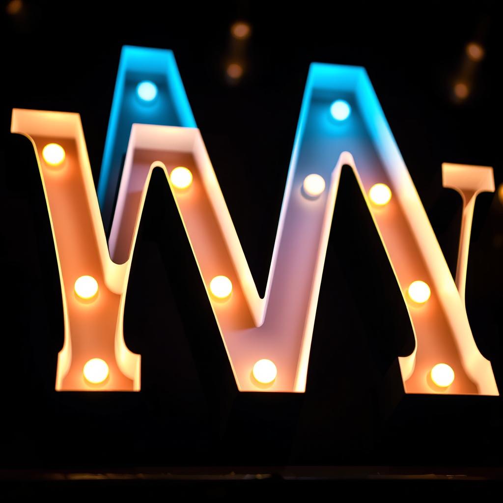 A close-up of a large, illuminated letter sign in a stylish, modern font, showcasing the letter 'W' in vibrant neon colors against a dark background