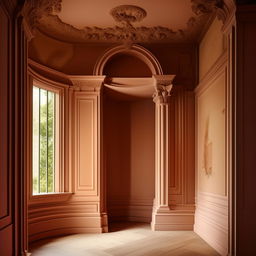 Generate a neoclassical style room with short, uniquely shaped walls and a single, small window.